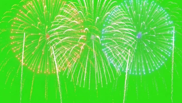 Vibrant fireworks display on green screen background. Colorful pyrotechnic explosions for video compositing. Festive firework bursts for celebration.