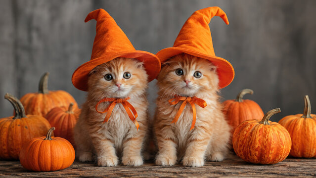 Two adorable fluffy ginger kittens wearing orange witch hats sitting together surrounded by a festive halloween pumpkin harvest display