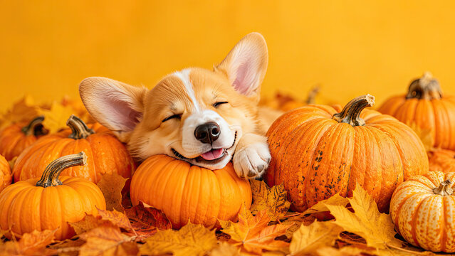 A cute pembroke welsh corgi puppy sleeping peacefully on a halloween pumpkin surrounded by autumn leaves on orange background