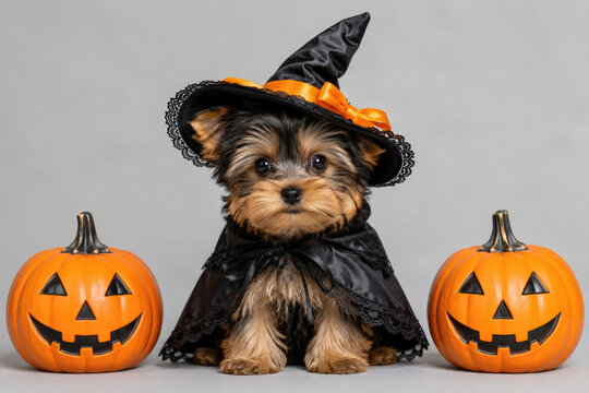 Adorable yorkshire terrier puppy wearing a witch costume sitting between two carved orange halloween pumpkin decorations on gray background