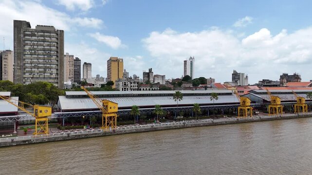 Drone zoom in shot of Esta&ccedil;&atilde;o das Docas waterfront, Bel&eacute;m, Brazil