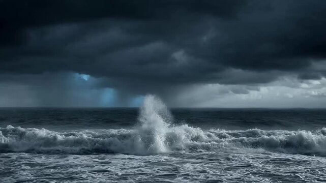 Stormy Ocean Waves Crashing With Rain Over Dark Sea Under Heavy Clouds And Dramatic Lighting Video clip