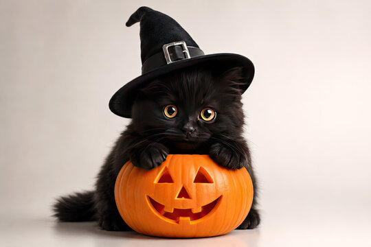 A cute fluffy black kitten wearing a witch hat sitting behind a carved orange halloween pumpkin on white background