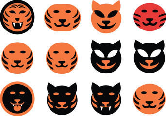 Fototapeta premium Tiger face icons set in various orange and black styles for branding and graphic design projects