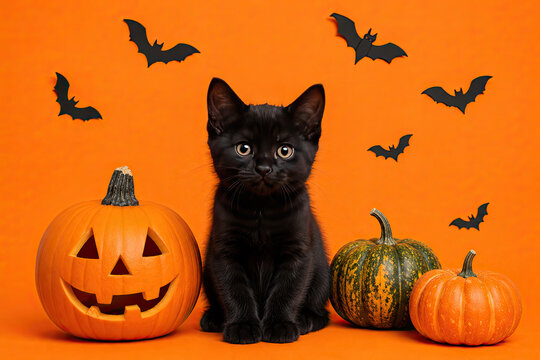 Adorable black kitten sitting between a carved halloween pumpkin and small gourds against a festive bright orange background