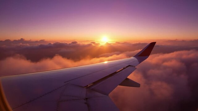 Aerial View Of Airplane Wing Flying Above Clouds At Sunrise With Golden Light And Sky Video clip