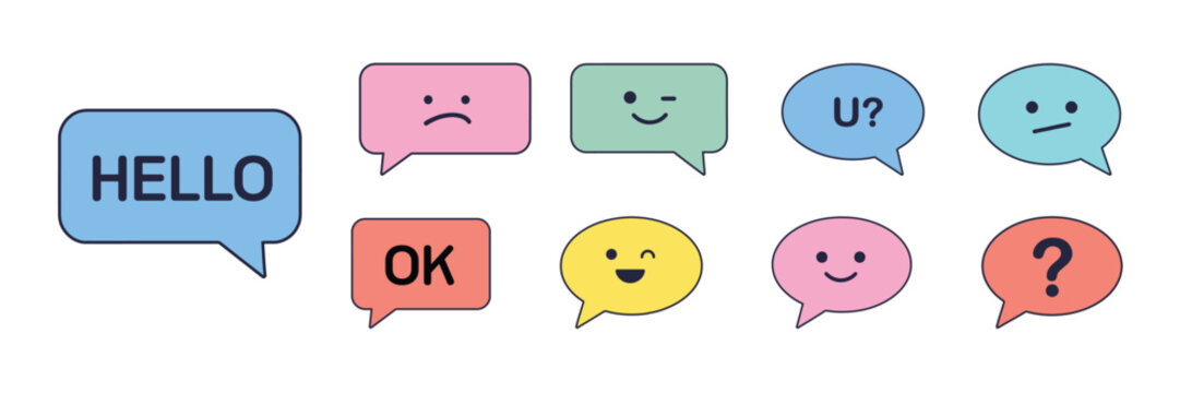 Speech bubble vector set with colorful chat bubbles, cute emoticon faces and text messages for communication design