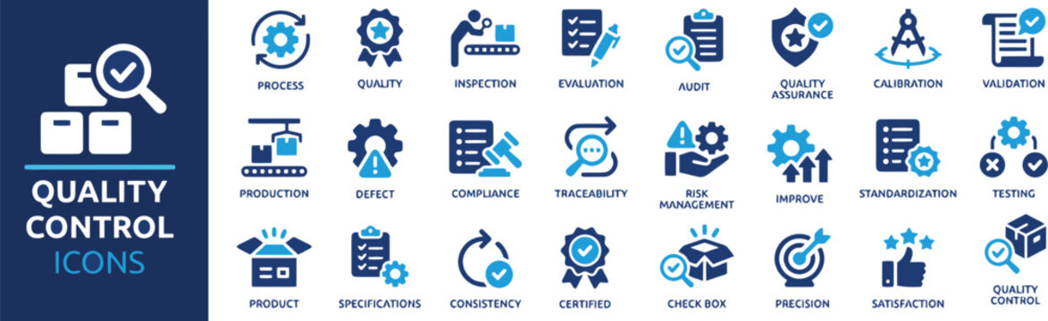 Quality Assurance, Inspection and Compliance Vector Icon Set with Traceability, Evaluation, and Audit Symbols