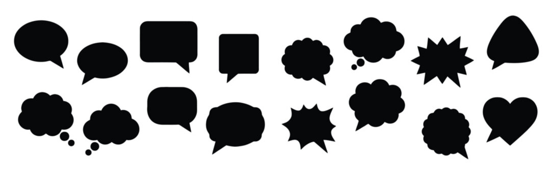 Speech bubble vector silhouette set, black chat balloon icons, comic dialogue cloud thought bubbles collection