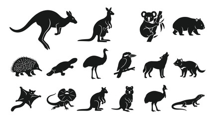 Fototapeta premium Animals Including Kangaroos, Koalas, and Wolves in Black Silhouette Style Featuring Kangaroo, Koala, Wolf with Cat and Bird