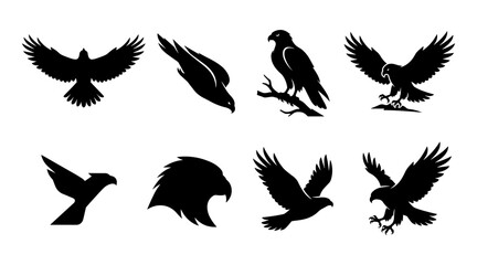 Naklejka premium Birds in Various Poses and Styles, Including Flying, Perched, and Head Silhouettes Featuring Bird, Silhouette, Black with Vector