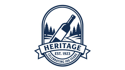 Obraz premium Vintage heritage wine logo design with forest and bottle illustration.