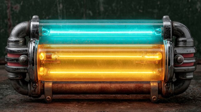 Industrial steampunk device with glowing energy tubes