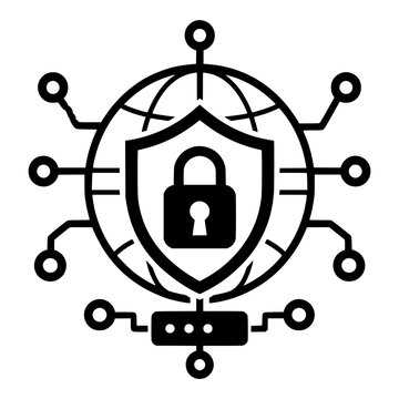 Network Security Icon with Globe, Shield Padlock and Connected Nodes for Cybersecurity and Data Protection