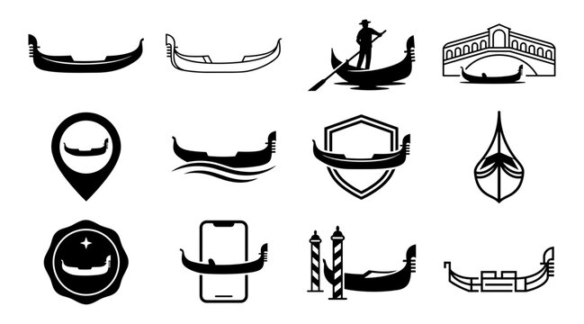 Gondolas and Venice Symbols with Icons and Emblems Featuring Gondola, Boat, Icon with Emblem and Symbol Elements for Travel