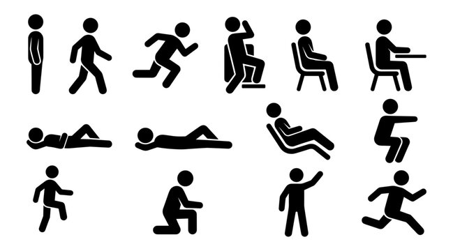 People Icons Showing Various Activities and Postures in a Simple Black and White Style Featuring Walking, Running, Sitting