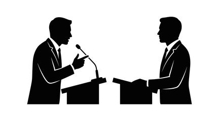 Obraz premium Two Men Shaking Hands and Speaking at Podiums in a Formal Setting Featuring Business, Meeting, Discussion with Debate