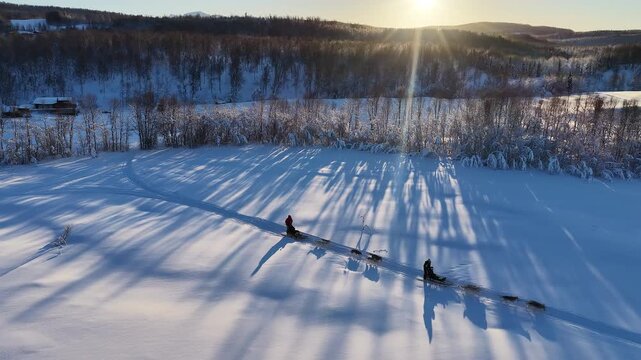 Aerial view of dog sledding team at sunset, Norway
