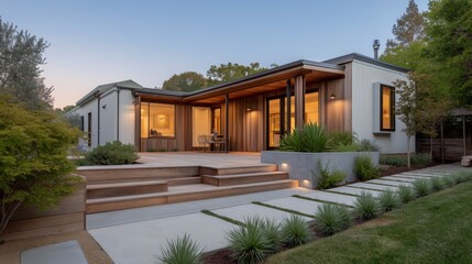 Fototapeta premium A modern farmhouse ADU in a peaceful backyard blends clean architecture, natural materials, and warm textures to create comfortable, refined, and timeless contemporary living.