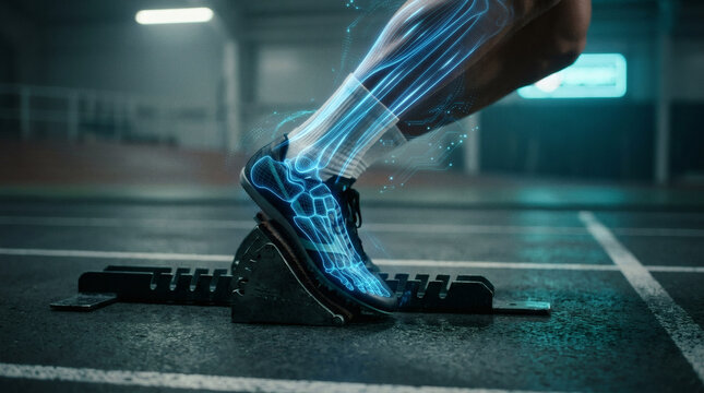  close up of a human runner foot on a starting block, overlaid with a glowing blue digital robotic exoskeleton line mapping muscle energy. Human potential unlocked by AI sports tech, clean studio 