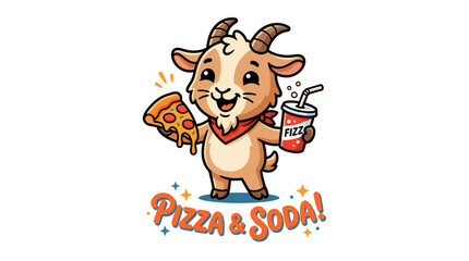 Fototapeta premium Cute Cartoon Goat Holding A Slice Of Pizza And A Cup Of Soda.