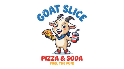Fototapeta premium Cute cartoon goat mascot character holding a slice of pizza and a soda cup for a fast food restaurant logo.