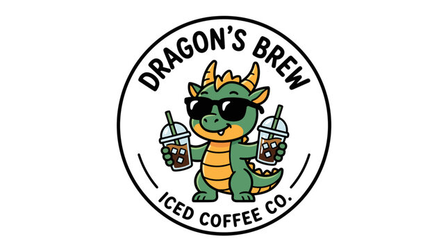 Cute cartoon dragon mascot logo design for an iced coffee brand.