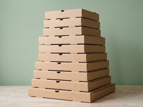 Stack of Generic Cardboard Pizza Boxes on Wooden Table