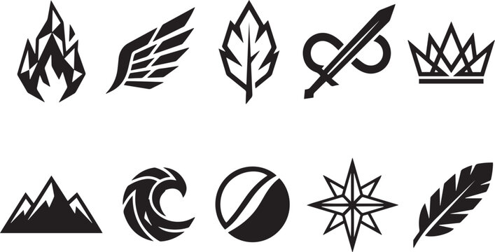 Set of ten black and white minimalist icons featuring nature elements and fantasy symbols on white background