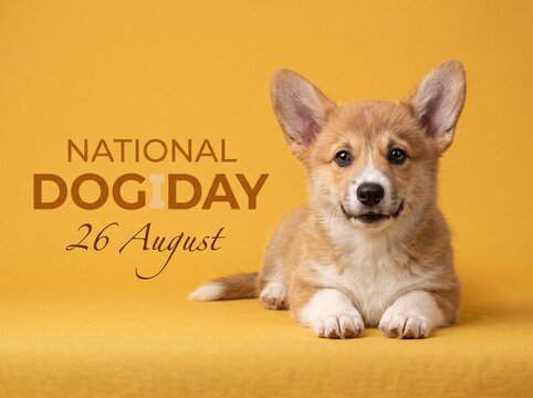 Small pembroke welsh corgi puppy lying down on a solid mustard yellow background with national dog day 26 august text overlay in brown and white lettering