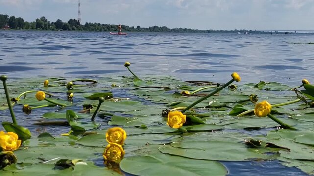 Yellow water lily flowers and green leaves sway in the river.