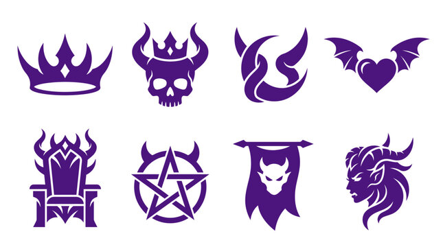 Dark fantasy purple icons featuring skulls thrones and pentagrams.