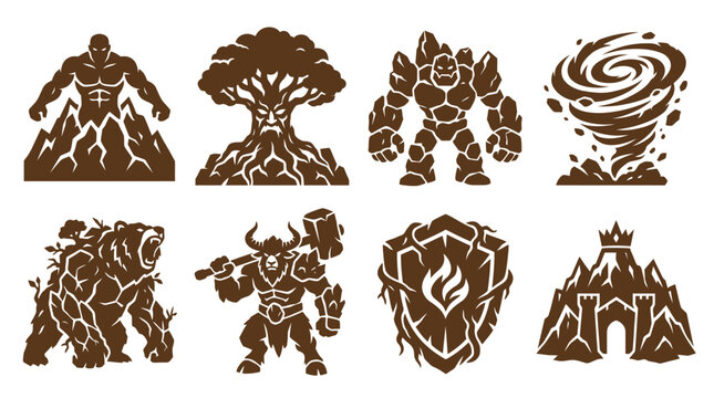 Brown fantasy elemental monsters and earth golem icons set.