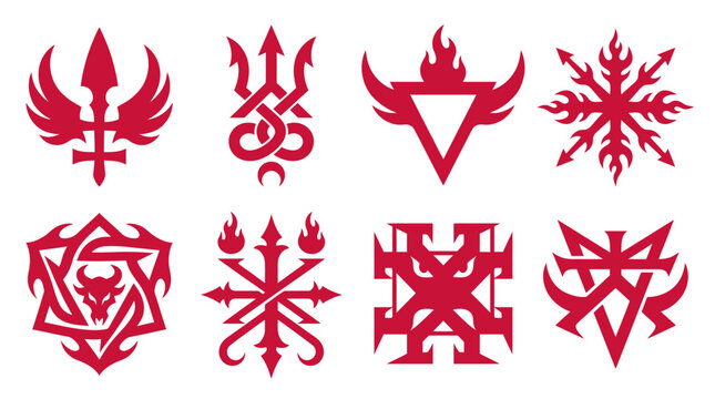 Set of red occult demonic sigils and fantasy glyphs.