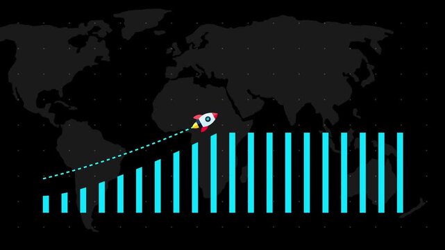 Global finance animation drives climbing revenue blocks over green network maps. International investment platforms implement a global finance animation dashboard loop view.