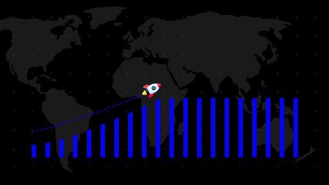 Global finance animation drives climbing revenue blocks over green network maps. International investment platforms implement a global finance animation dashboard loop view.