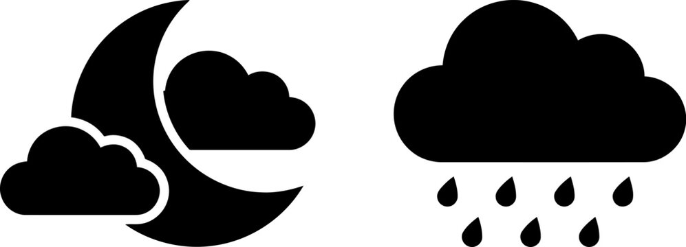 Weather forecast vector icons set showing partly cloudy night with crescent moon and rain cloud with raindrops