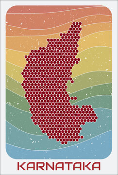 Karnataka, India vintage logo. Hexagon dots shape of the state on retro colored stripe waves background. Karnataka, India map design with grunge scratch texture. Vector Illustration.