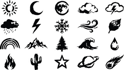 Fototapeta premium Collection of hand drawn weather and nature icon set featuring sun moon clouds and natural elements
