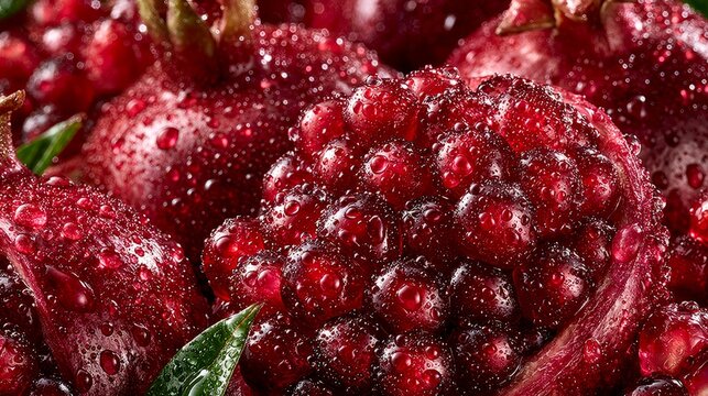 Vibrant Red Pomegranate Arils Covered in Refreshing Dew