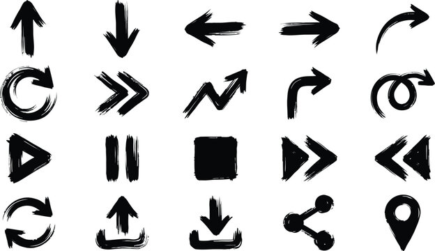 Set of hand drawn black ink brush stroke arrows and navigation symbols on white background