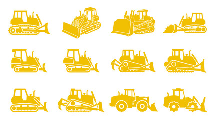 Yellow bulldozer and earthmover icons for construction designs. © Yuyu