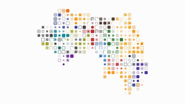 Guinea map animation. Shape of the country with pulsating colored dots. Large size rounded square blocks. Digital style Guinea map on white background. Classy video.