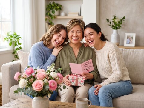 Three smiling women sitting on a beige sofa holding a floral gift box and a pink mothers day card in a bright living room with potted plants and a wooden coffee table