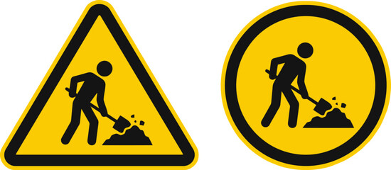 Road construction signs with worker digging with shovel icon © Collect Silhouettes
