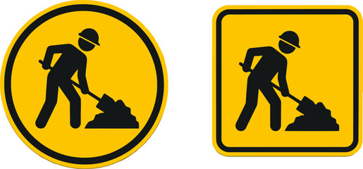 Set of road construction signs with worker digging with shovel icon © Collect Silhouettes