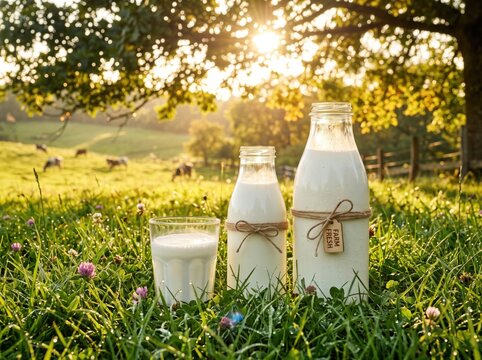 Two glass milk bottles and a glass of fresh milk standing in a lush green meadow with grazing cows in the background under warm golden hour sunlight