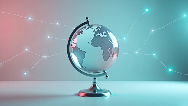 Modern glass globe with digital network lines on sleek stand in clean studio setting