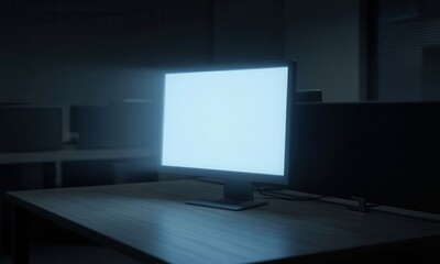 Fototapeta premium Empty computer monitor screen on desk in dark office. Blank display device in dimly lit workspace for digital design or tech setup.