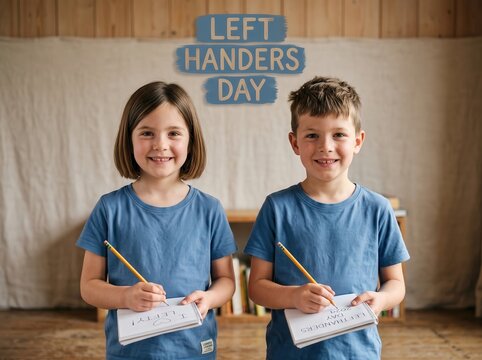 Two young children wearing blue shirts standing side by side holding pencils and notebooks to celebrate left handers day with a wooden wall background and a blue text above them